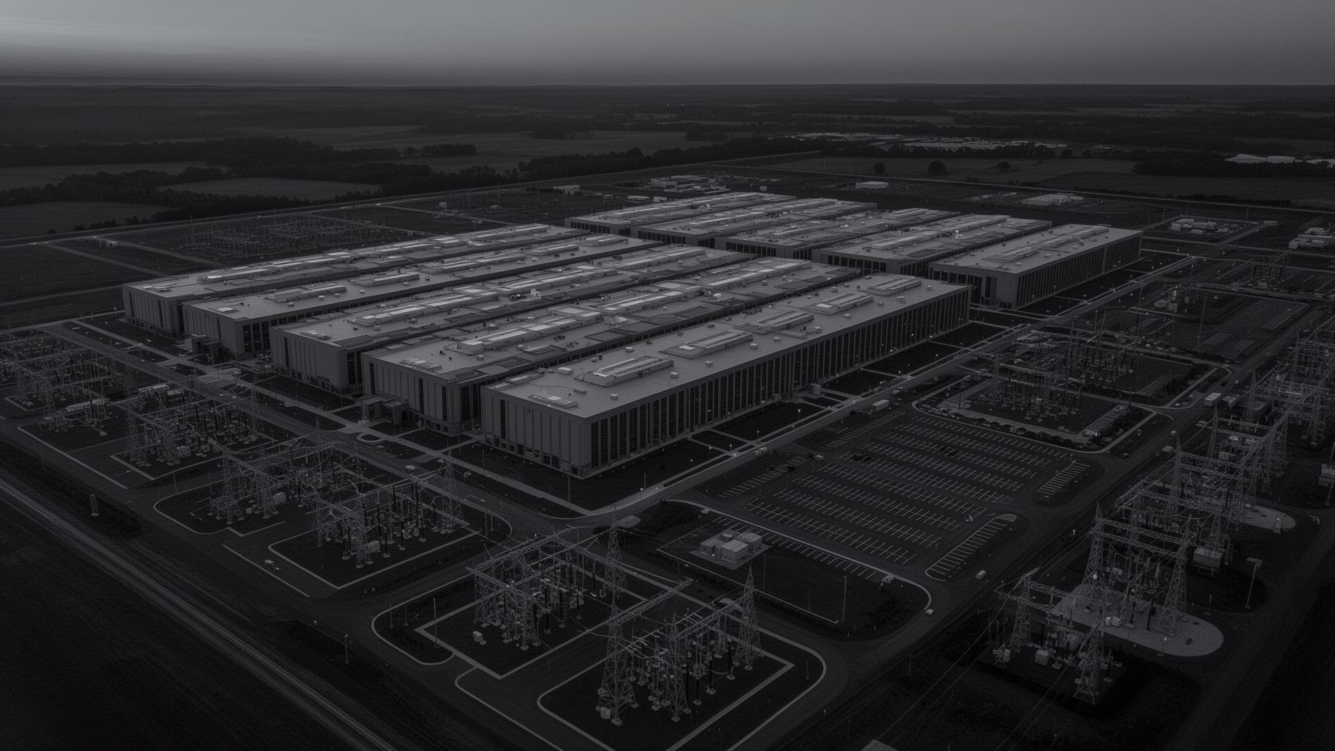 Aerial view of a hyperscale data center campus at twilight