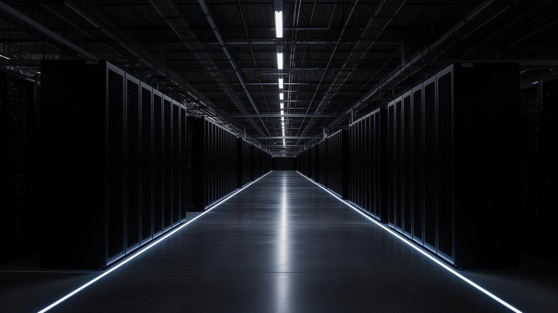 Hyperscale data center hall with rows of black server racks