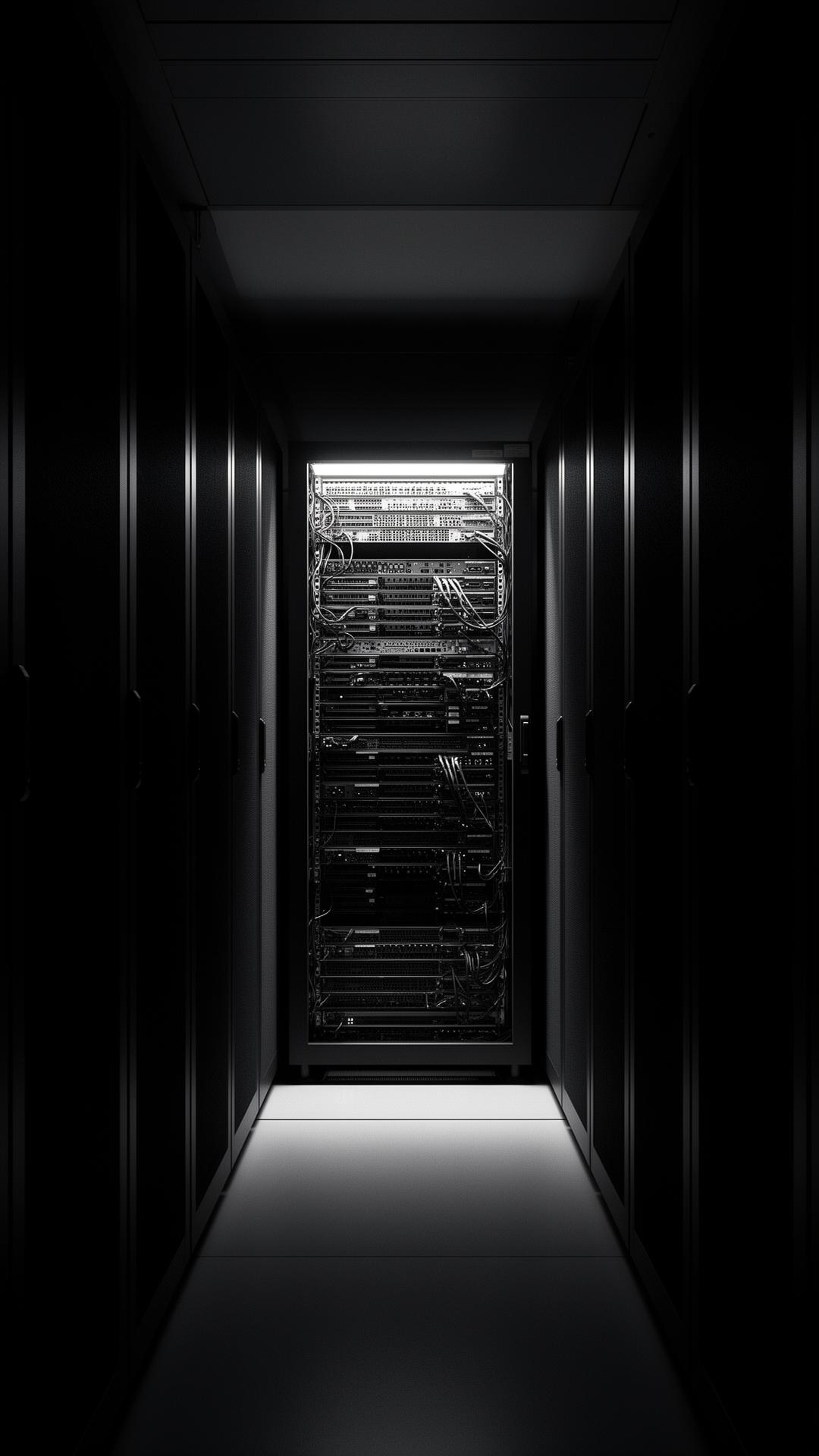 Illuminated server rack in a dark data center aisle